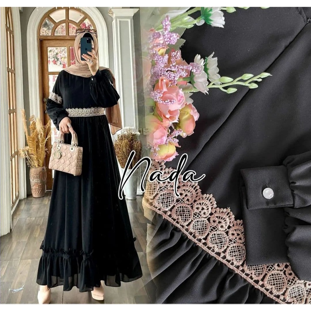 Belamara Namiza Maxi Long Dress Gamis  Bahan Sifon Ceruty Babydoll Full Furing Mix Renda Lengan Tali