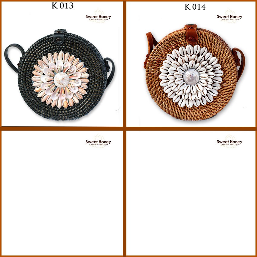 Sweet Honey ~Tas Rotan Bali Bulat Motif Kerang 20cm Warna Putih Hitam Coklat [Bisa COD]