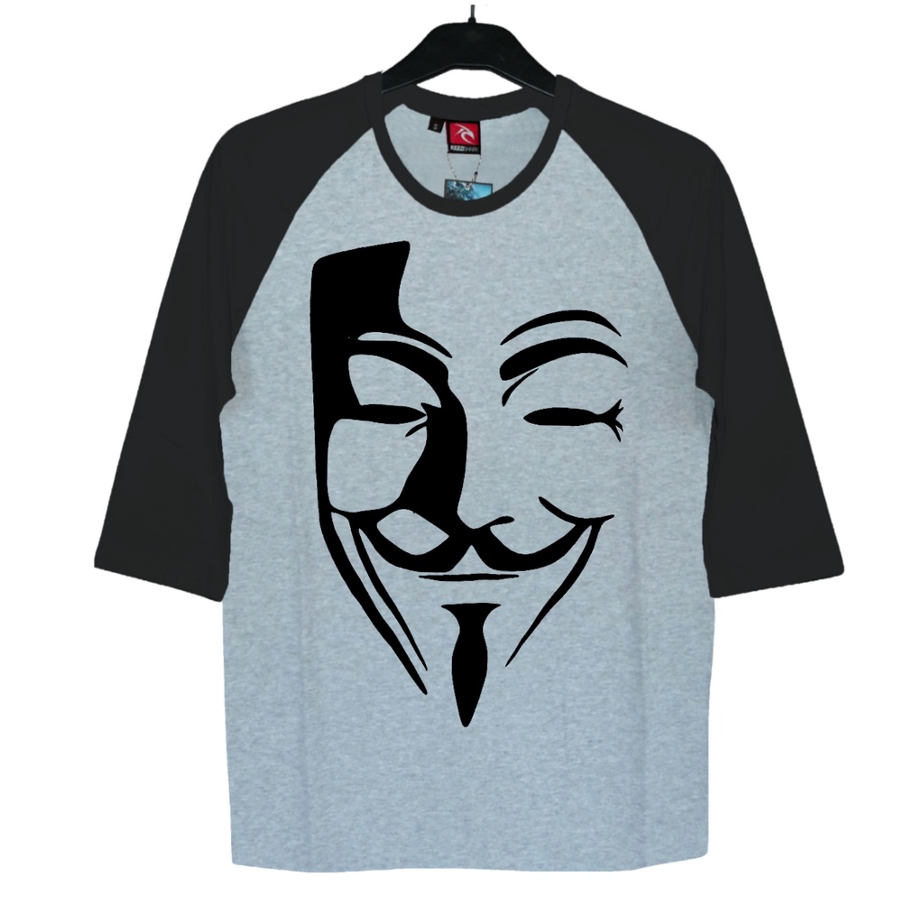 Kaos Reglan 3/4 Dewasa VENDETTA - Baju Pria Wanita Raglan Kaos Kaos Topeng Vendeta Anonymous Hacker 