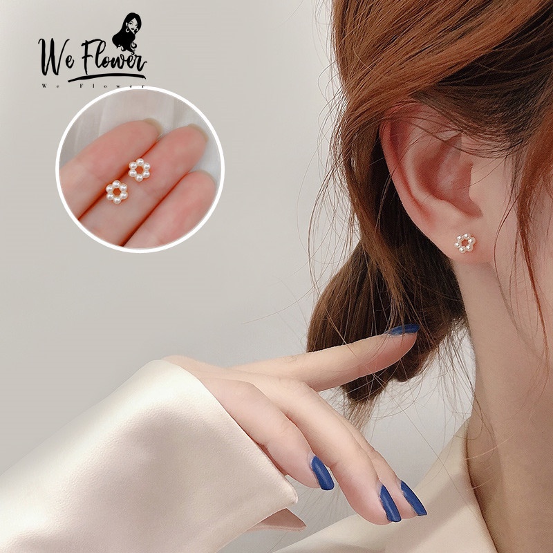 We Flower Simple Chic Small Pearl Stud Earrings for Women Girls Korean Fashion Ear Jewelry