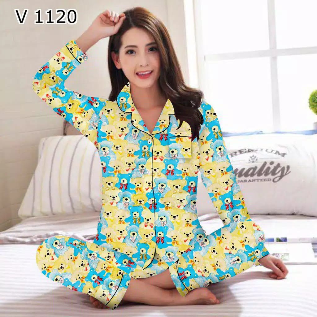 PIYAMA WANITA / BAJU TIDUR WANITA MOTIF LENGAN PANJANG MOTIF KOTAK PP-PP MINI BEAR BLUE