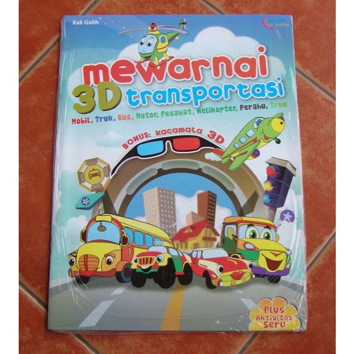 BUKU ANAK MEWARNAI TRANSPORTASI 3 DIMENSI + KACAMATA 3D