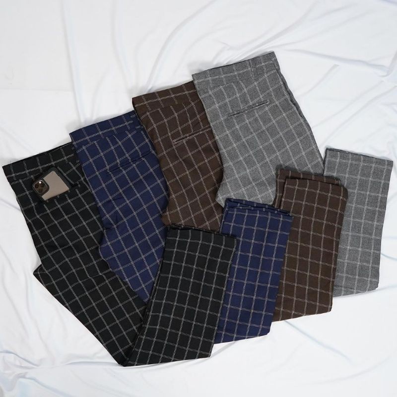 Celana Panjang Kain Casual Korean Tartan Stripe Kotak Kotak Flanel Wool Panjang Pria Laki Laki Cowok