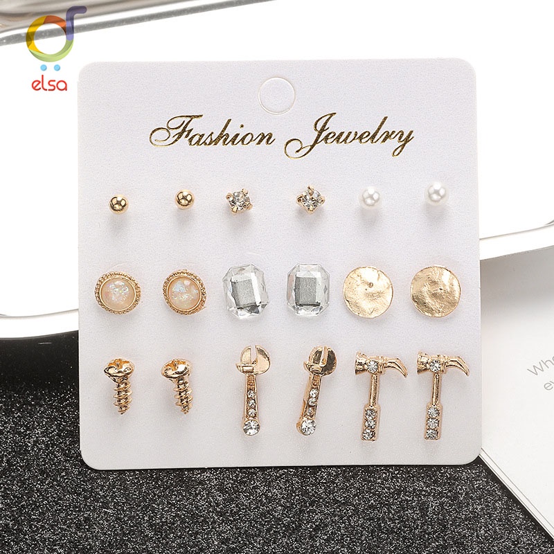 Elsa 9Pcs / Set Anting Wanita Tusuk Bentuk Bulat Hias Kristal Mutiara untuk Women Earrings-5