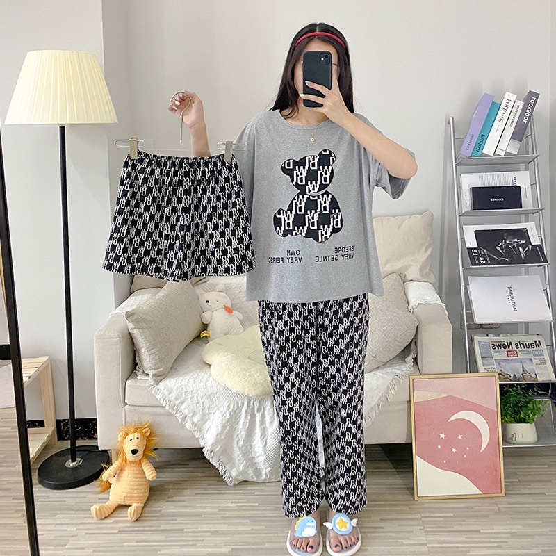 Baru set Baju Tidur Wanita Dewasa Oversize Piyama Bahan Kaos Celana Panjang & Pendek Setelan Baju Tidur 3IN1 Setelan Piyama-Grey Bear