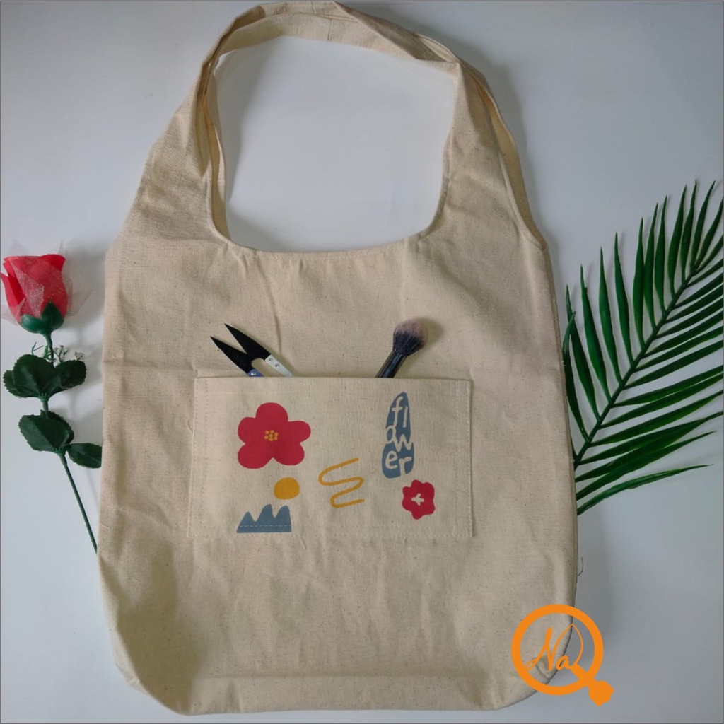 Totebag Vintage Tas tote Big Bahan Kanvas Tebal Tote Bag Kanvas-Bunga Merah Abu
