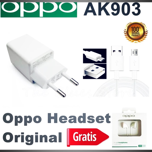 Charger oppo original 2A + headset oppo original bisa untuk semua oppo dan hp lain isi cepat