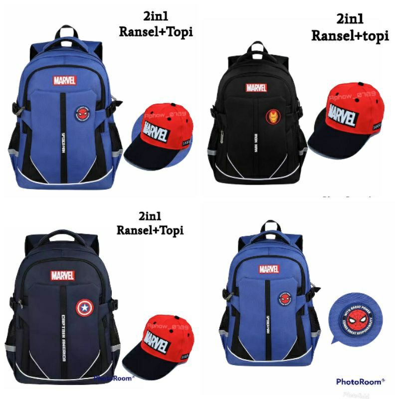 Ransel 2in1 Tas anak sekolah free topi Marvel Karakter Avengers