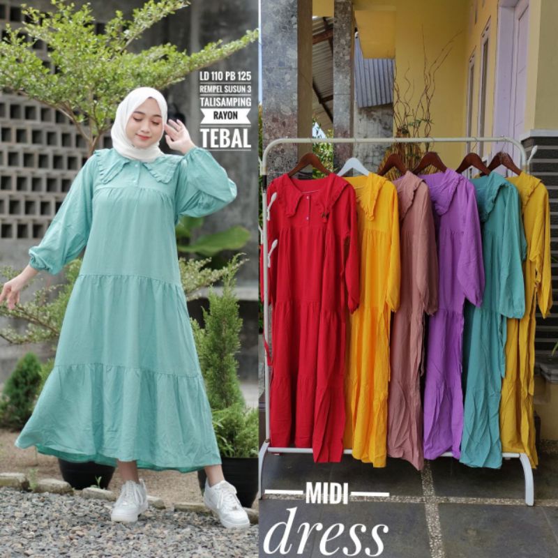 Baju Midi Dress Korea Midi Dres Muslim Polos Twill Kekinian Rayon Gamis Susun Premium Murah Import Kerahasiaan Tali Rempel