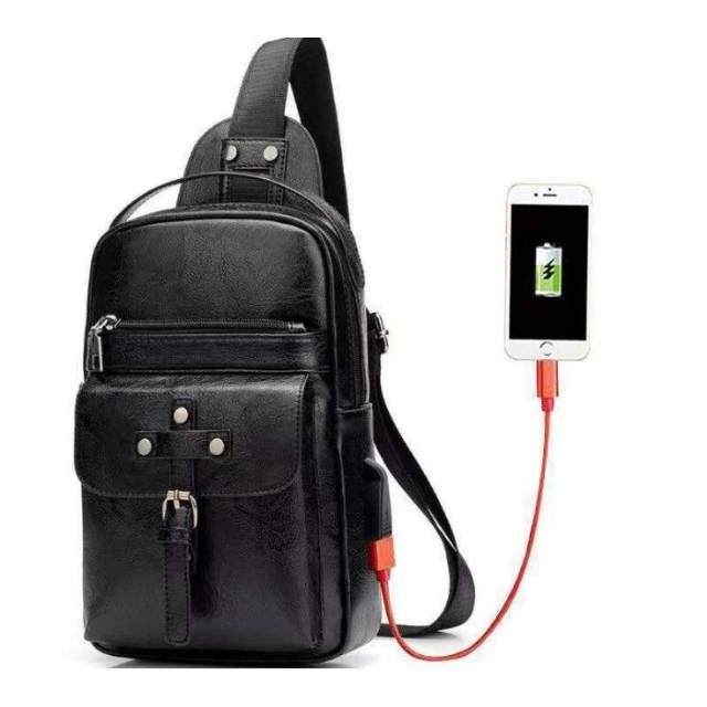 Pasarlelaki Tas Selempang Kulit Pria Import USB Port Slempang Sling Bag