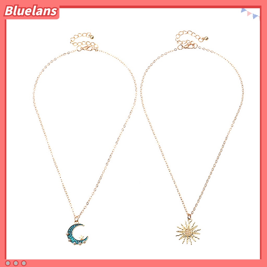 Kalung Liontin Matahari Bulan 2 Lapis Aksen Berlian Imitasi Gaya Vintage Untuk Wanita