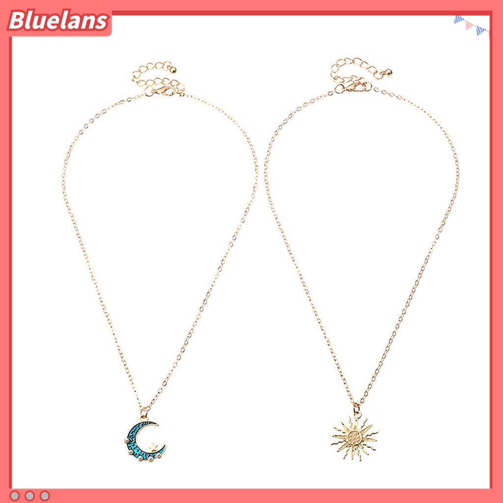 Kalung Liontin Matahari Bulan 2 Lapis Aksen Berlian Imitasi Gaya Vintage Untuk Wanita