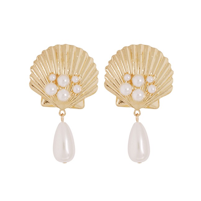 LRC Anting Tusuk Fashion Gold Alloy Pearl Shell Earrings F56573