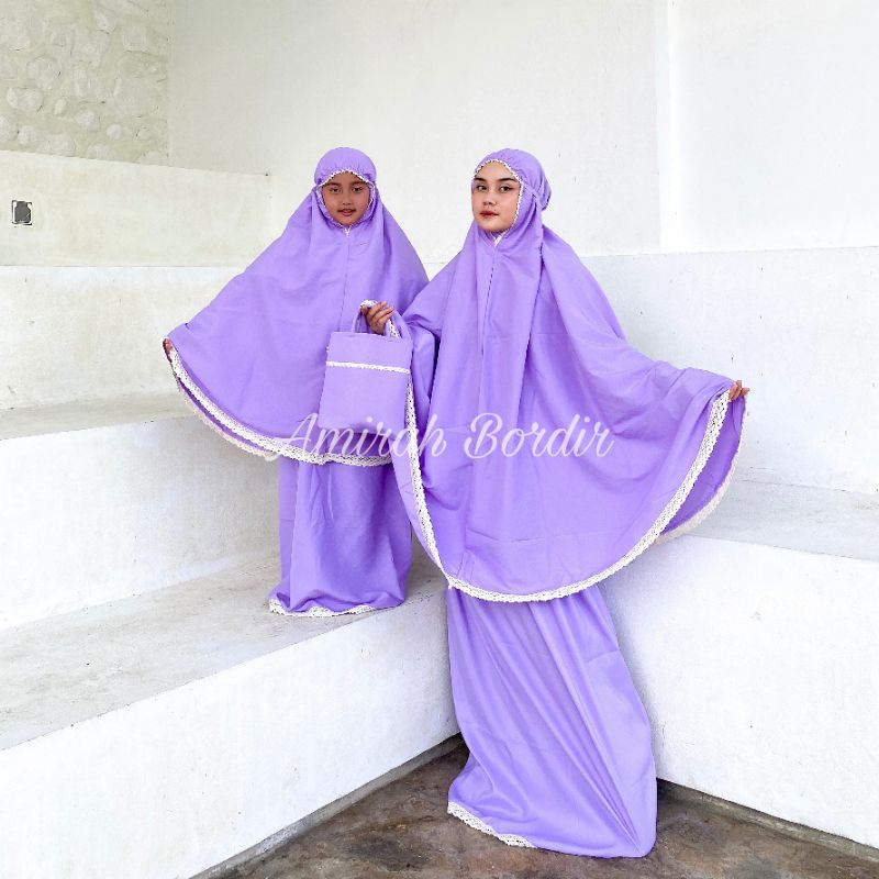 MUKENA COUPLE / MUKENA SARIMBIT MURAH KATUN POLOS RENDA RAJUT DEWASA ( IBU) &amp; ANAK ( 1,5 TAHUN - 16 TAHUN)