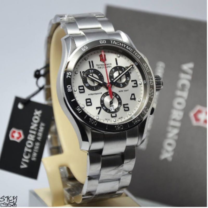 Jam Tangan Pria Victorinox 241445 Chrono Classic XLS Silver Rantai Original Murah