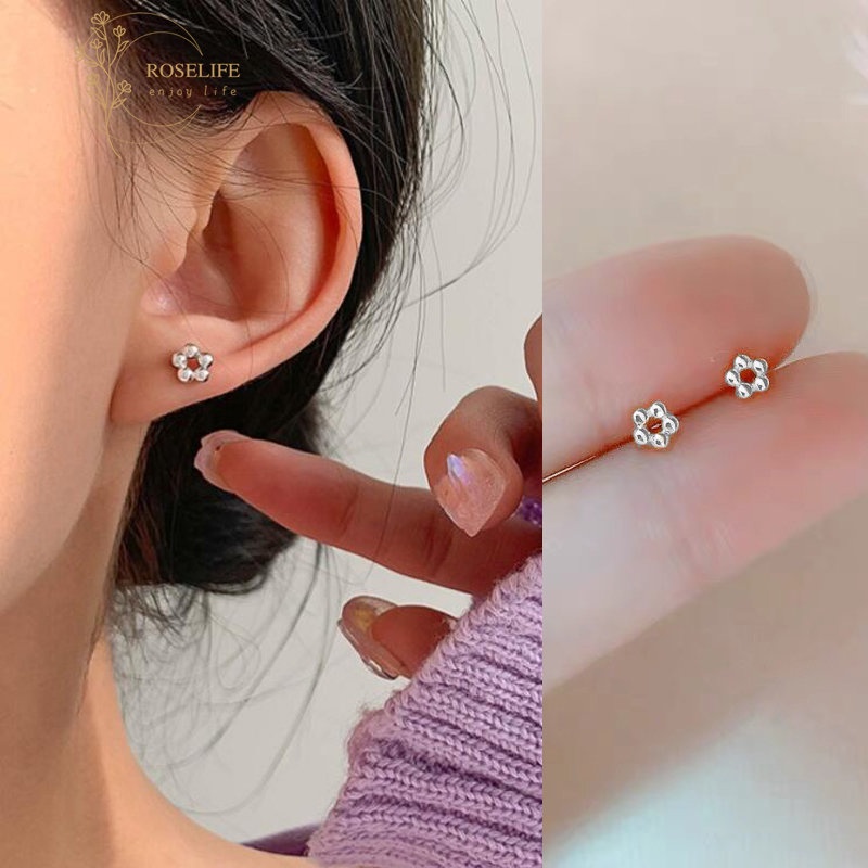 Roselife 1 Pasang Anting Tusuk Sterling Silver 925 Desain Bunga Bola Metal Anti Alergi Untuk Wanita