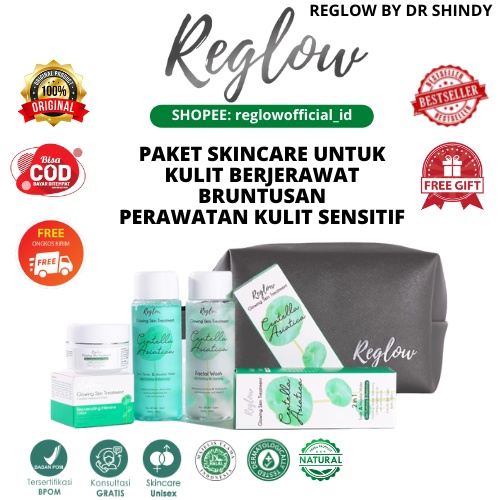 PAKET ACNE Reglow dr Shindy Skincare Untuk Kulit Berminyak Berjerawat Dan Bruntusan Sensitif Penghilang Bopeng Bekas Jerawat Komedo Noda Hitam Pori Besar Fungal Acne Pencerah Kulit Kusam Scincare Re glow Ori Rglow Paket Murah Reg glow Official Store