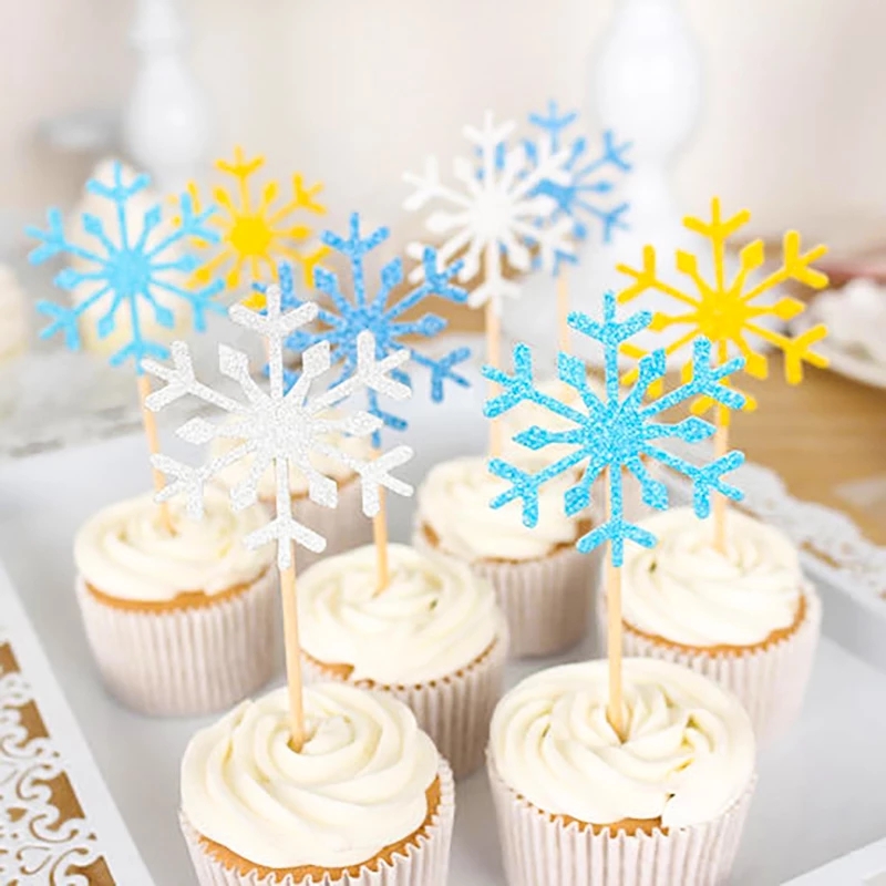 10pcs/set Snowflake Cake Topper Birthday Party Cupcake Toppers  Wedding Baby Shower Christmas Decor Insert Card