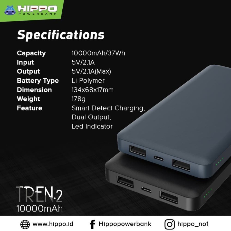 Hippo Power Bank Tren 2 10000mah 2 Dual USB Port Powerbank Original 10000 mAh