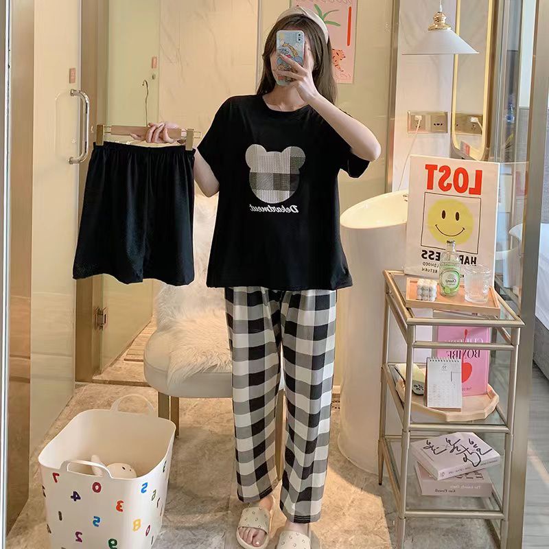 AJW Shop Piyama 3in1 | Piyama Import Dewasa | Setelan Wanita Kekinian | Baju Tidur Wanita Dewasa-Cool Hitam