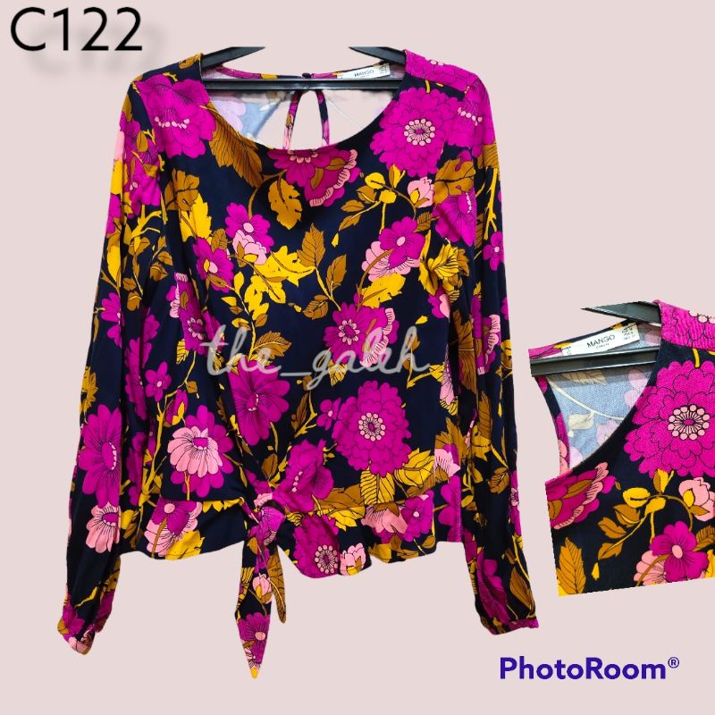C122 Mango Original 100% Baju Blouse Lengan Panjang Hitam Bunga Pink Bagus Murah