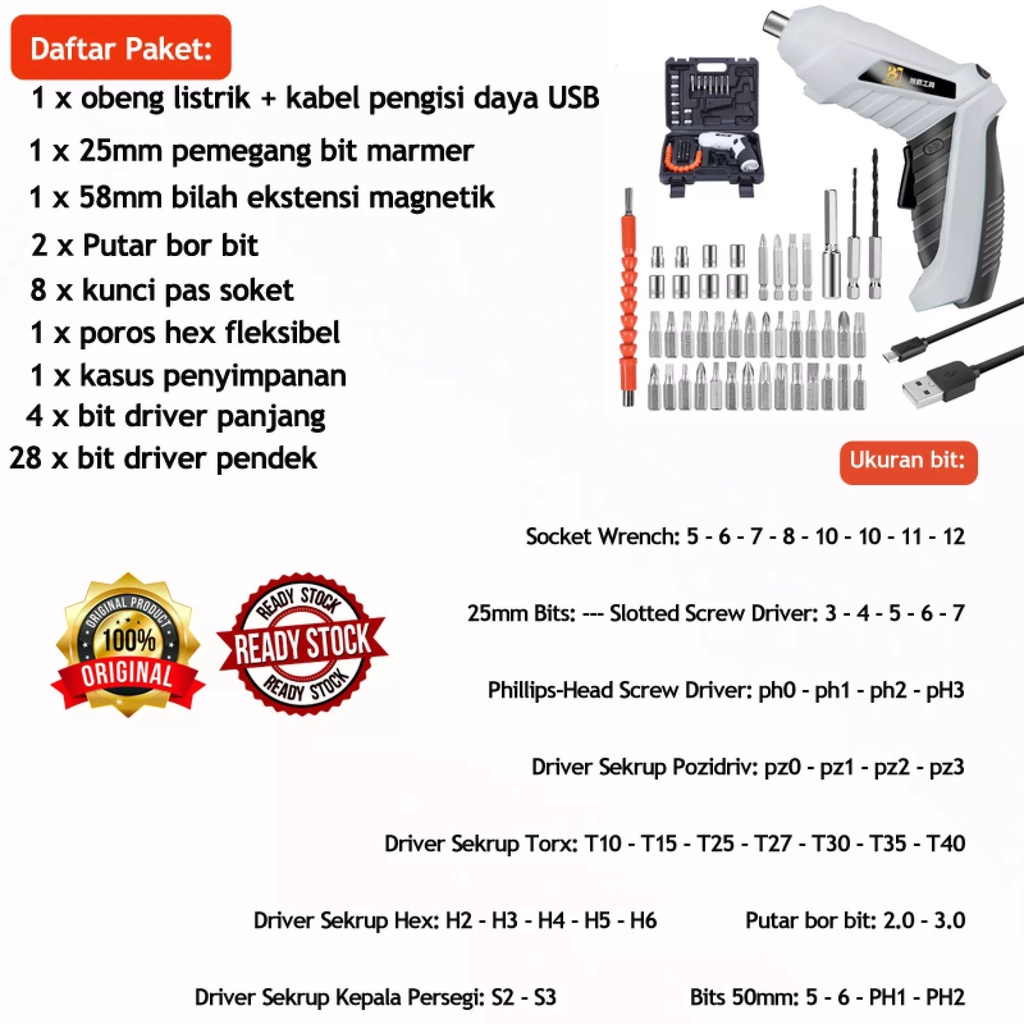 [BISA COD] Mesin Bor Cordless Mini 47pcs Set 4.2V / Screwdriver Baterai / Mesin obeng USB multifungsi portabel listrik