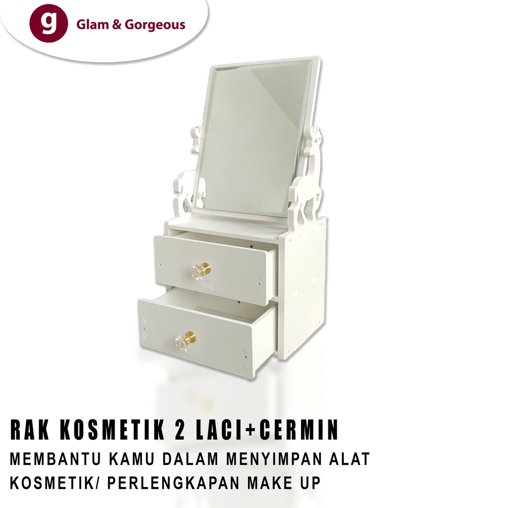 Rak Kosmetik Kayu Kotak Tempat Makeup SkinCare 2 Laci DS023 Tahan Air Bonus Cermin