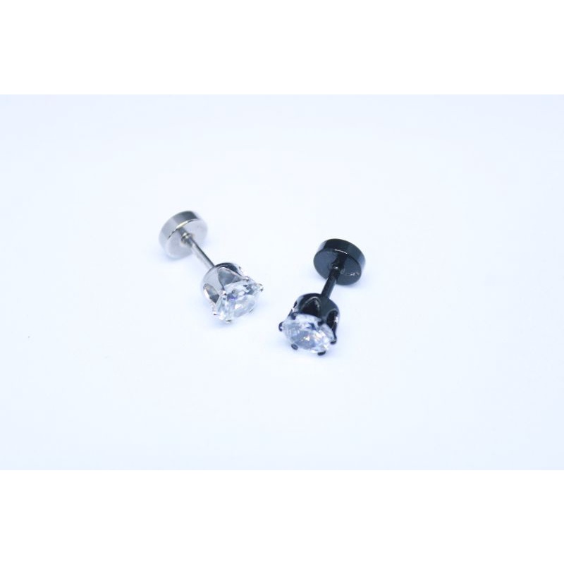 anting permata hitam dan silver ukuran 6mm / anting pria dan wanita titanium terbaru