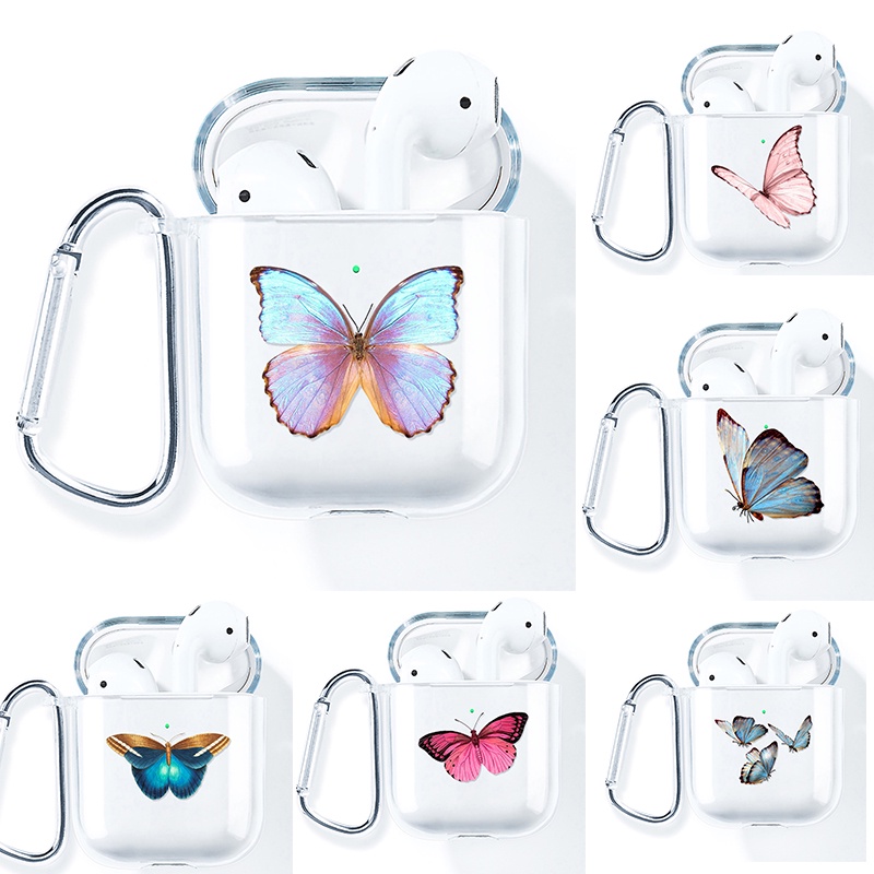 Simple AirPods 1/2 Case Anti-fall Silicone Soft Case Headset Protection Cover Cute Cartoon Butterfly + Lanyar