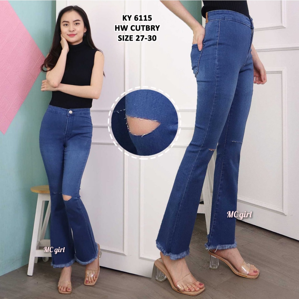 MC girl - Cutbray Highwaist Sobek Garis Rawis Wanita / Celana Jeans Pinggang Tinggi Cutbrai Ripped Tidak Ada Lapis Rumbai / Boot Cut 7C-G