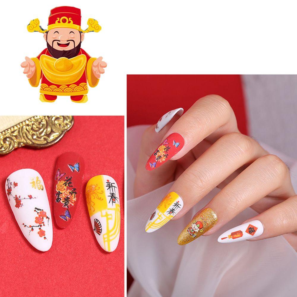 AUGUSTINA Agustina Tahun Baru Stiker Kuku Musim Semi Festival Selamat Kuku Decals Lentera 3D Aplikasi Lucky Cat DIY Nail Art Dekorasi