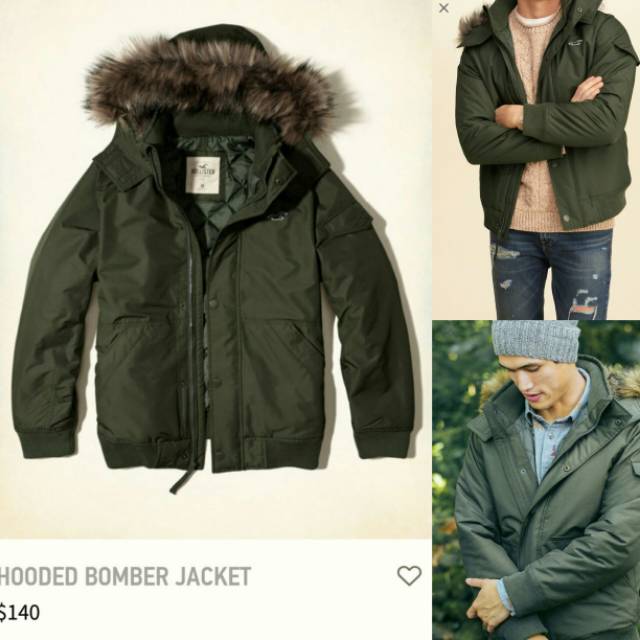 Jaket Bomber Hollister Winter Fur Hoodie Jacket Original Hijau