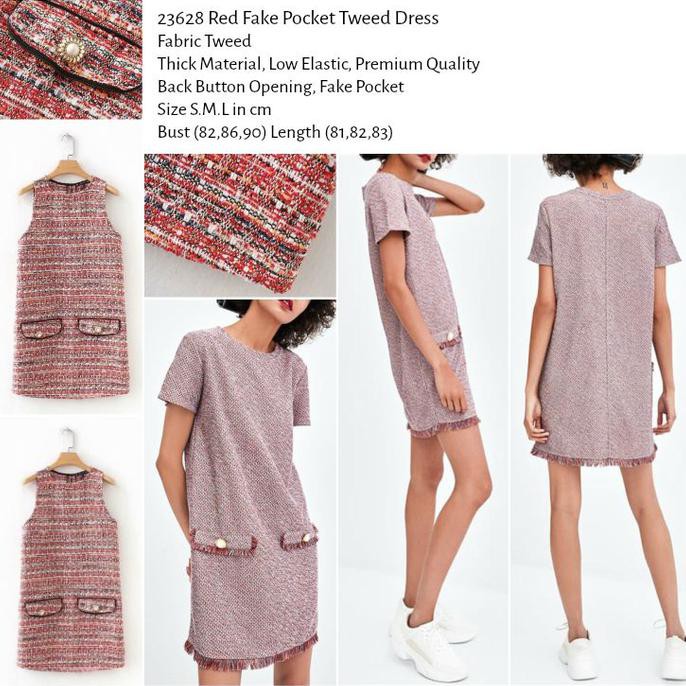PRODUK TERBARU HQ 23628 RED FAKE POCKET TWEED DRESS IMPOR BAJU WANITA TRF BAJU PESTA BAHAN HALUS