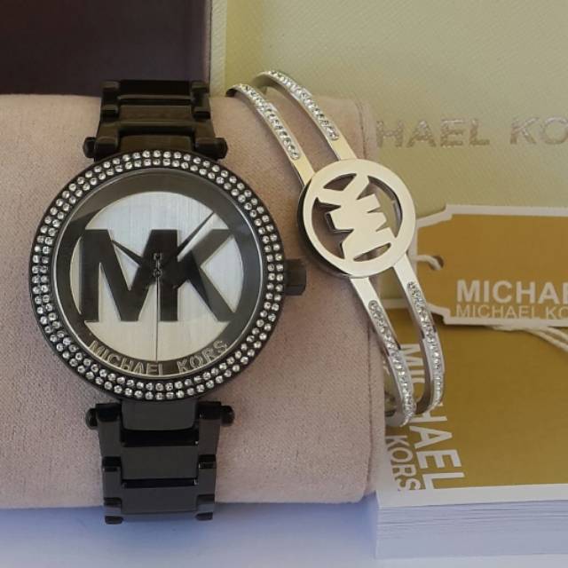 Jam Tangan Wanita Merk MK Black Stainless Plus GELANG