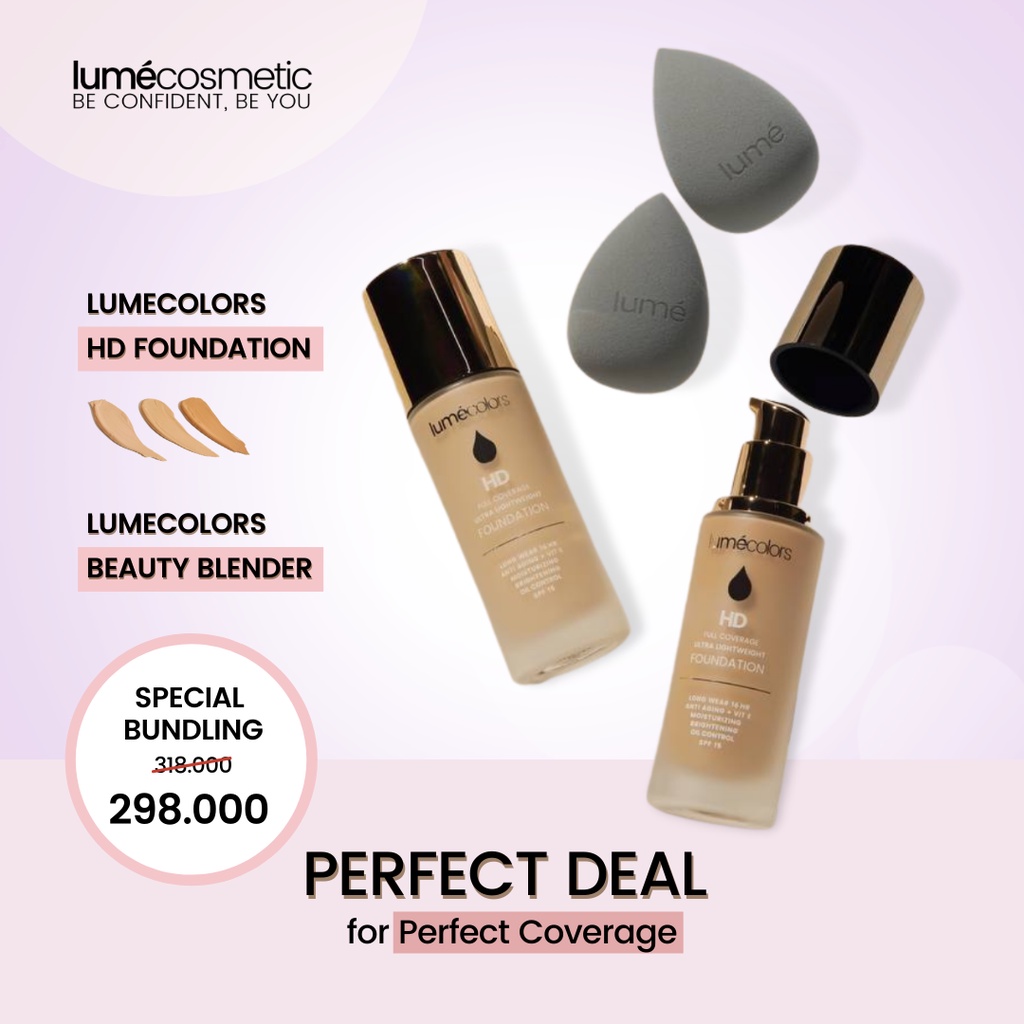Lumecolors Bundling Foundation dan Beauty Blender, Lumecolors Paket Hemat Foundation Alas Bedak Beau
