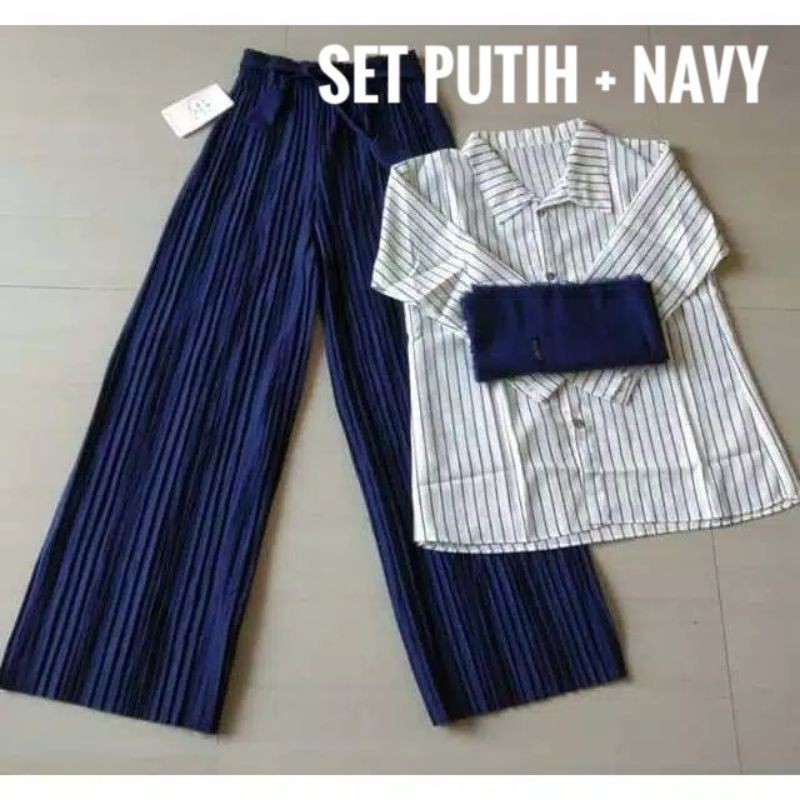 Setelan 3in1 Premium Plisket Motif Salur