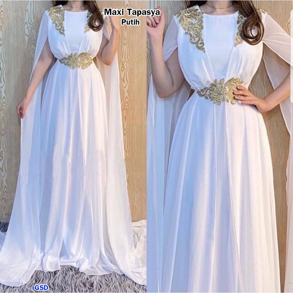 Tapasya /Long Dress Maxi Muslim Baju Pesta Wanita Bordir Baju Kondangan Cewek Lengan Selendang Bahan Moscrepe Size L