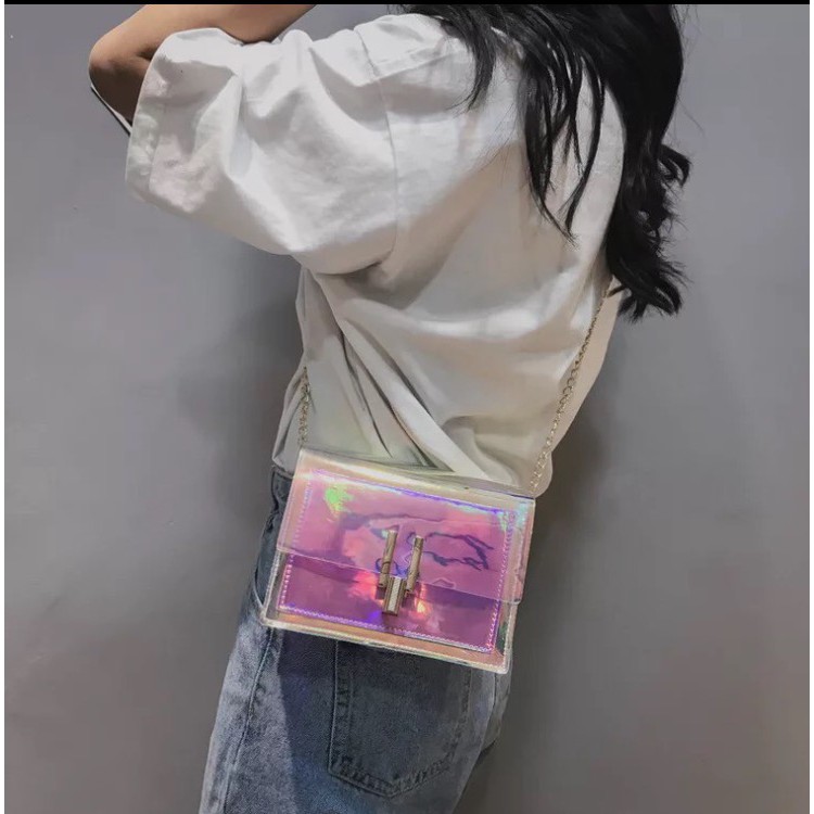 TAS CRYSTAL BAG TRANSPARANT RAINBOW/TAS TRANSPARAN KULIT IMPORT