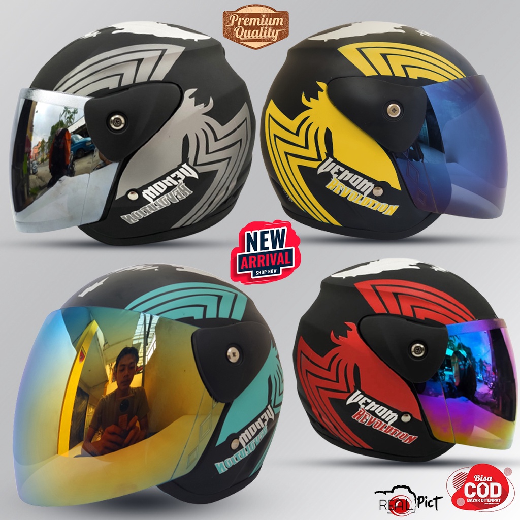 Helm Half Face Dewasa Evolution Seperti Helm GM Original Venom Kaca Visor Gold Blue COD Free Packing Box