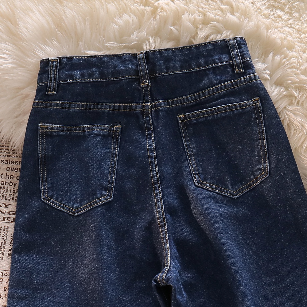 Warna Biru LOVE Highwaist Loose Kasual Celana Jeans Panjang Wanita