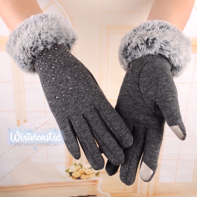 Sarung tangan winter bulu winter gloves fur touch screen bulu korea cewek wanita pompom