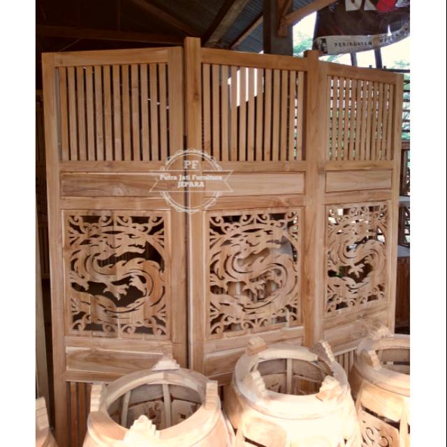 Sketsel Kayu Jati Ukir Motif NAGA, Penyekat Ruangan/ Sketsel 3 Pintu Dari Kayu Jati