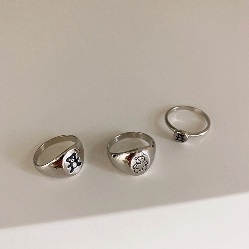 Cincin Model Terbuka Desain Kartun Hewan Beruang Warna silver Gaya Korea Minimalis Untuk Pelajar