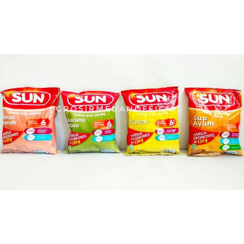 SUN BUBUR BAYI KEMASAN PLASTIK 120 G - BERBAGAI RASA DAN EKONOMIS - BERAS MERAH, KACANG HIJAU, PISANG SUSU, SUP AYAM - ENAK SEHAT DAN BERGIZI