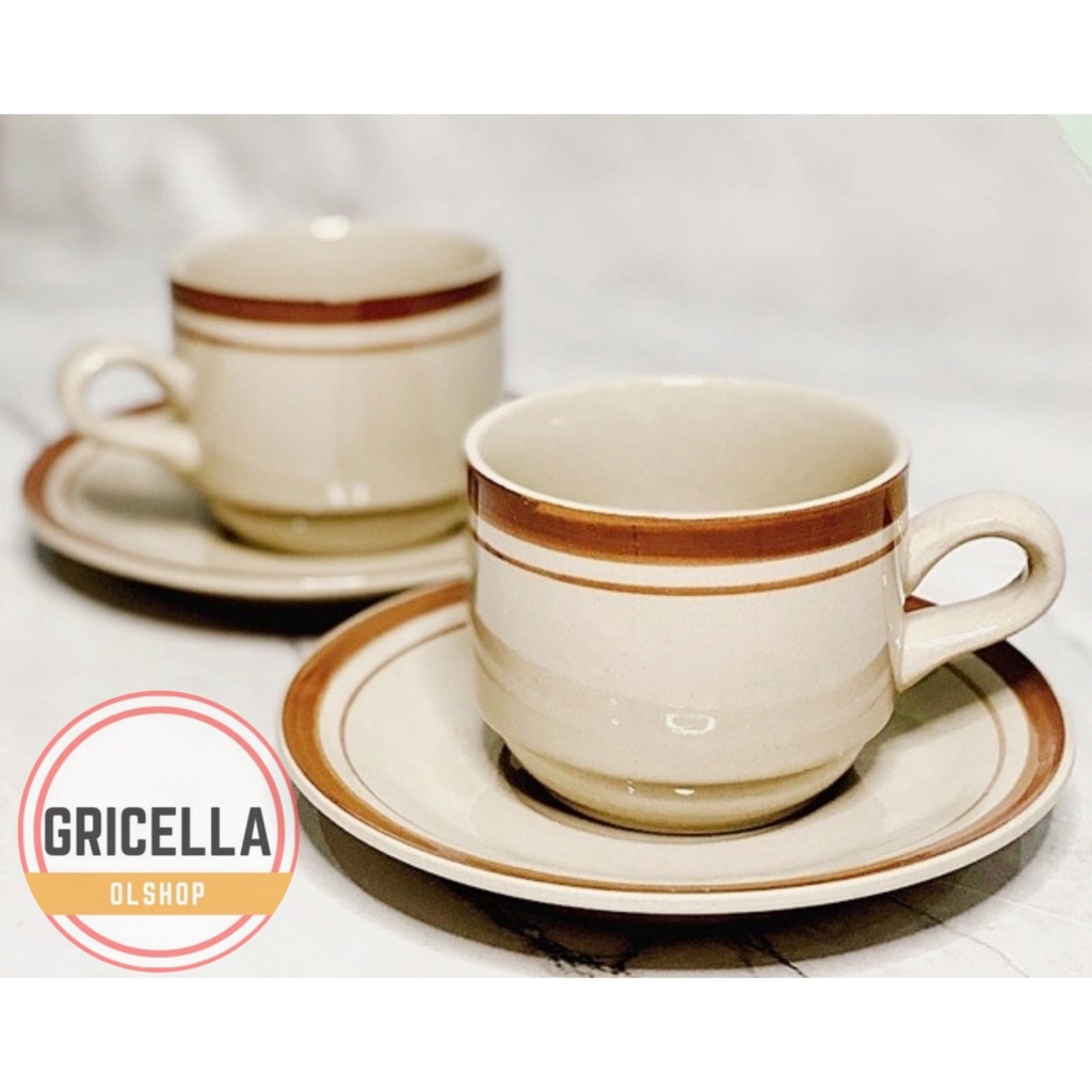 GELAS KERAMIK KOPI CANTIK 1SET CANGKIR KLASIK POLET COKLAT-CANGKIR SET KERAMIK