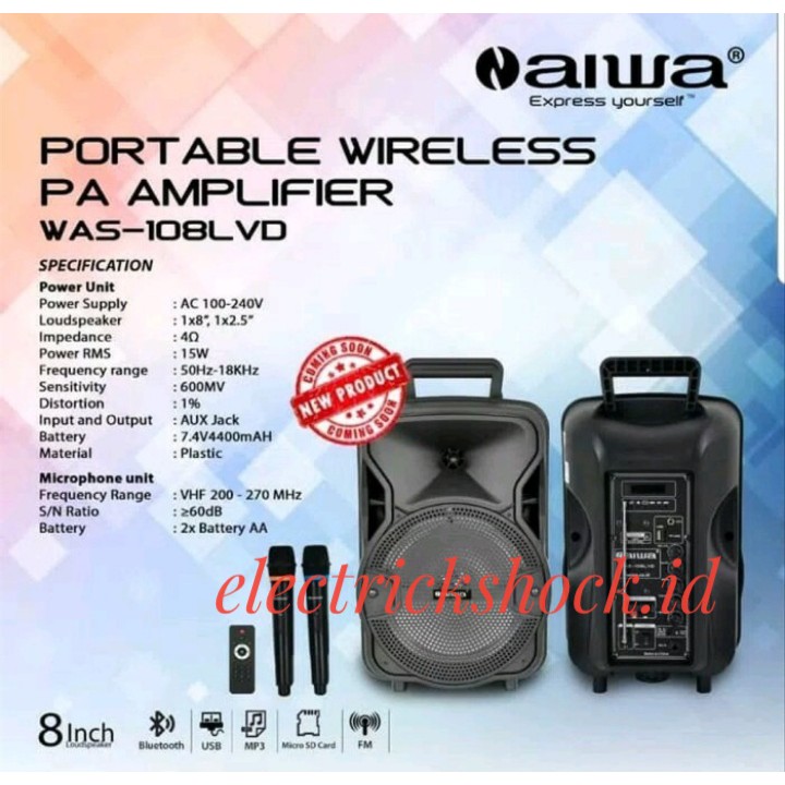 Speaker Portable AIWA 8inch WAS 108 LVD 2 mic pegang