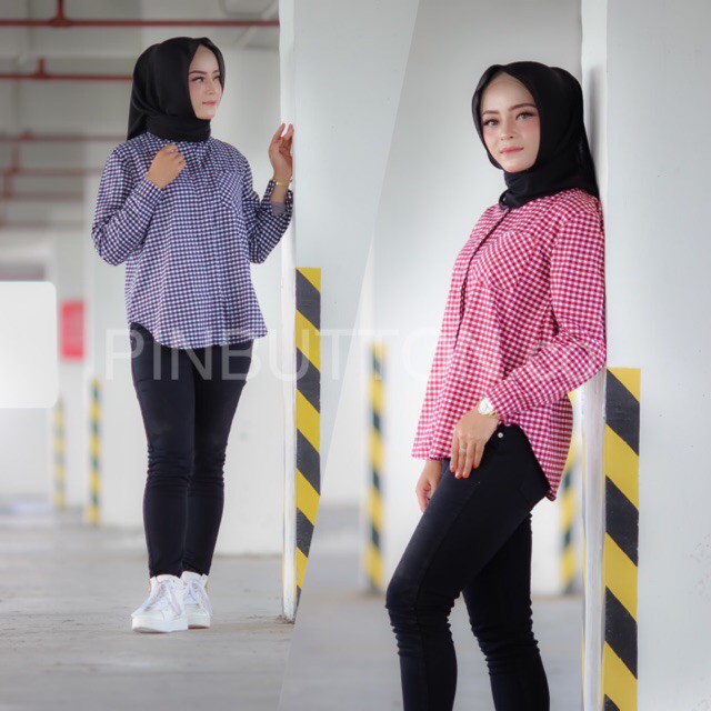 terbatas   Kemeja Wanita Polos Kotak Tartan- BASIC SQUARE TARTAN SHIRT