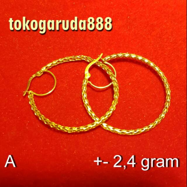 Anting giwang anak dan dewasa emas asli kadar 700 70% 22 bulat besar merica kerawang 3 dimensi oval hoops
