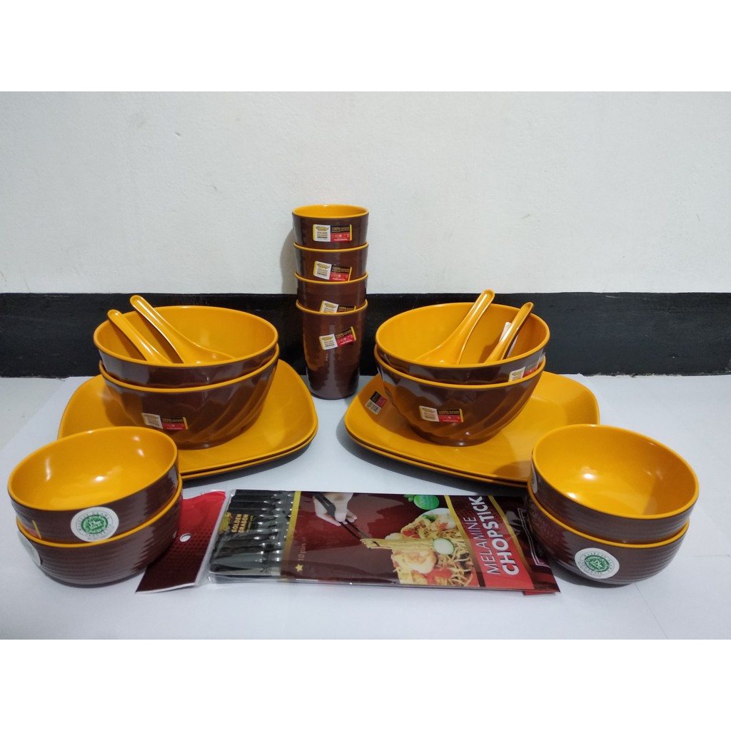Paket Combo Peralatan Makan Melamin 1 Set Kuning Coklat Golden Dragon  PIRING MELAMIN SET