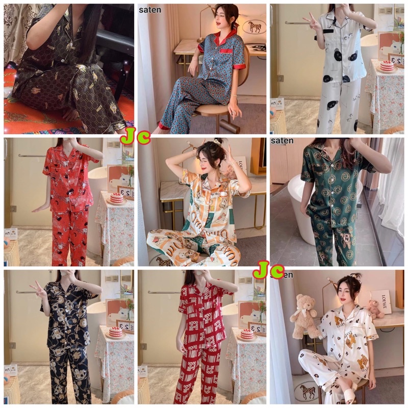 JC- Set Piyama Baju Tidur SATIN Import CP / Piyama wanita Satin import / Piyama wanita Sutra kekinian